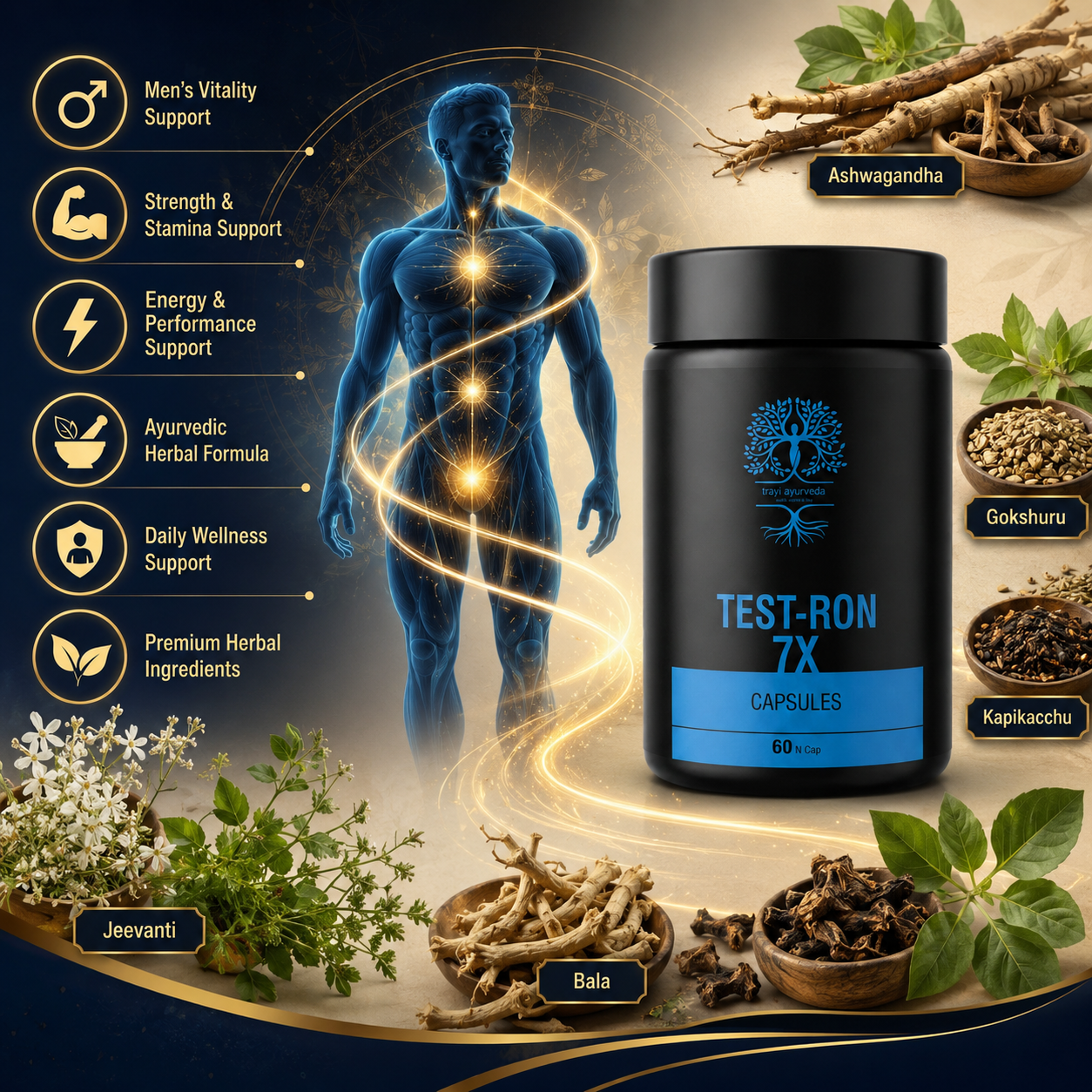 Trayi Ayurveda Test-Ron 7X Capsules – Premium Ayurvedic Formula for Men's Vitality, Strength & Stamina (60 Capsules) - Image 5