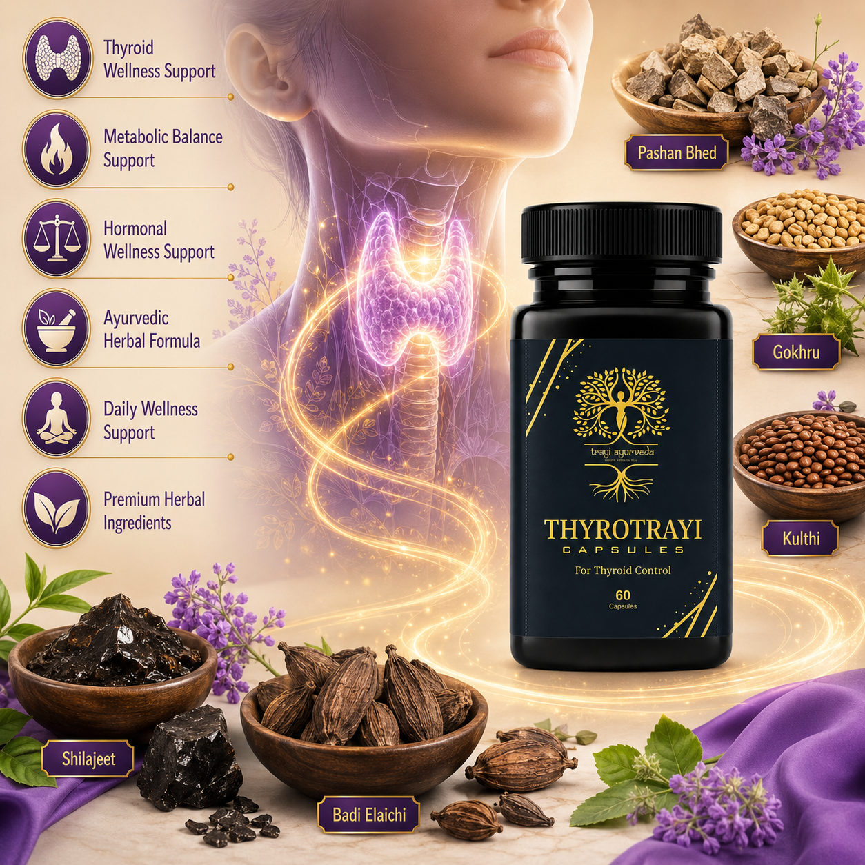 Trayi Ayurveda Thyrotrayi Capsules – Premium Ayurvedic Formula for Thyroid Control & Metabolic Balance (60 Capsules) - Image 4