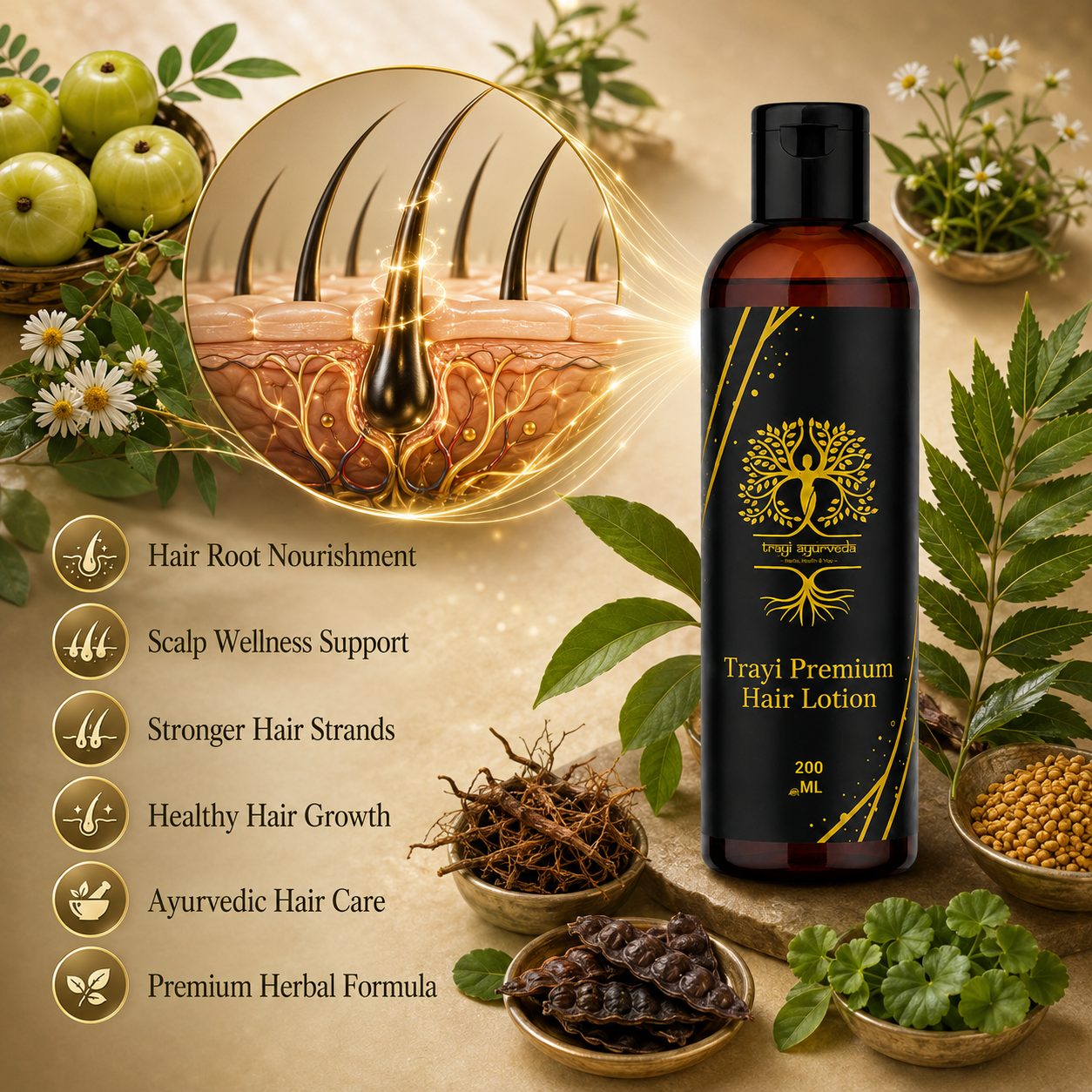Trayi Premium Hair Lotion – Authentic Ayurvedic Formula for Scalp Nourishment & Healthy Hair Growth (200 ml) - Image 3