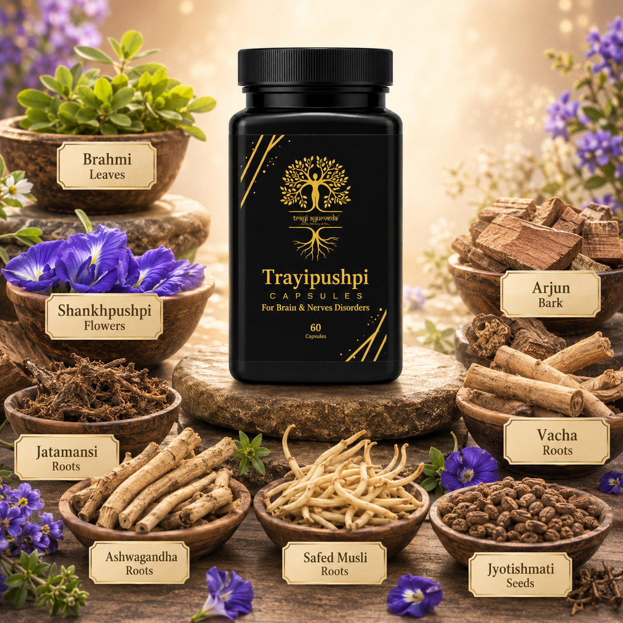 Trayi Ayurveda Trayipushpi Capsules – Premium Ayurvedic Formula for Brain & Nerves Disorders (60 Capsules) - Image 2