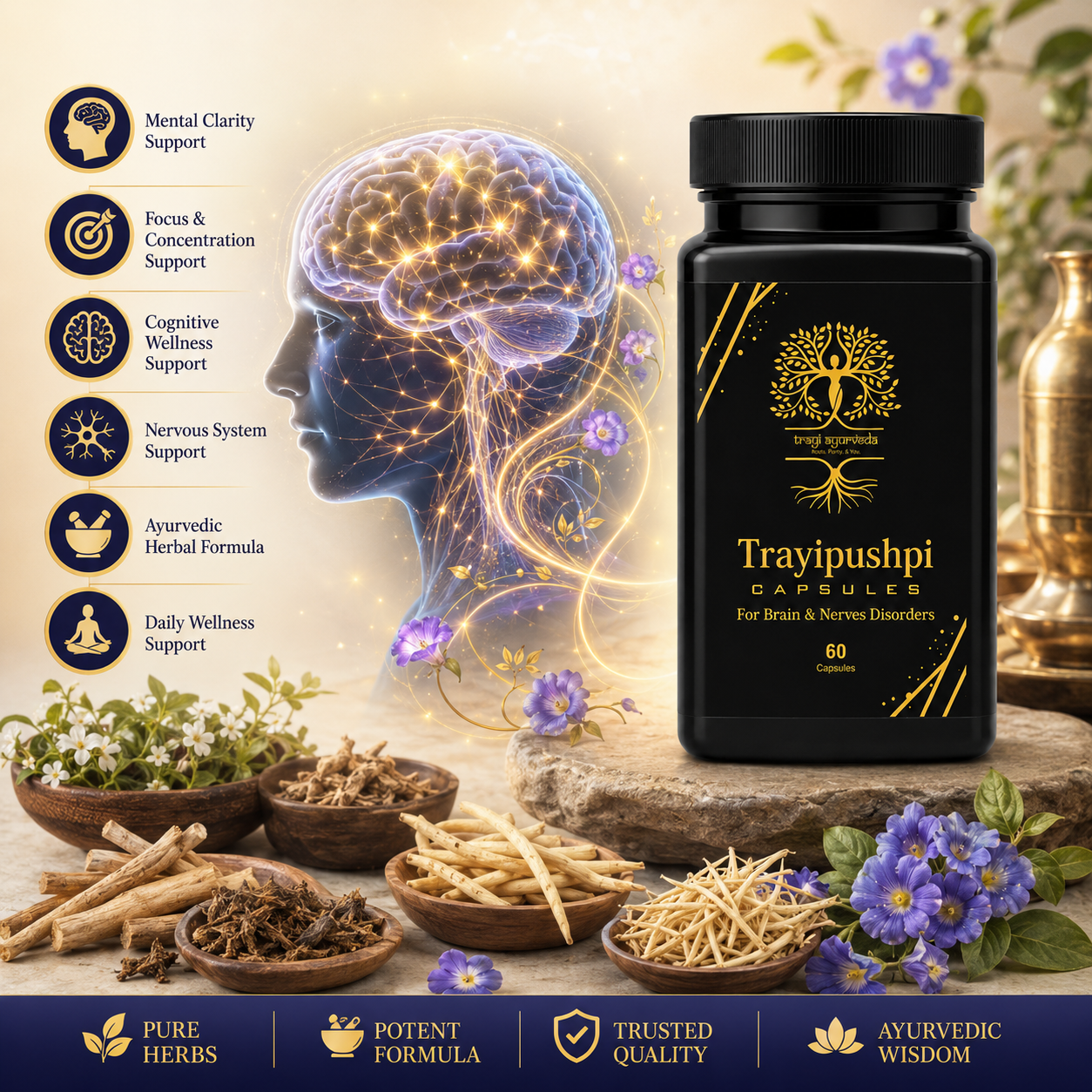 Trayi Ayurveda Trayipushpi Capsules – Premium Ayurvedic Formula for Brain & Nerves Disorders (60 Capsules) - Image 4