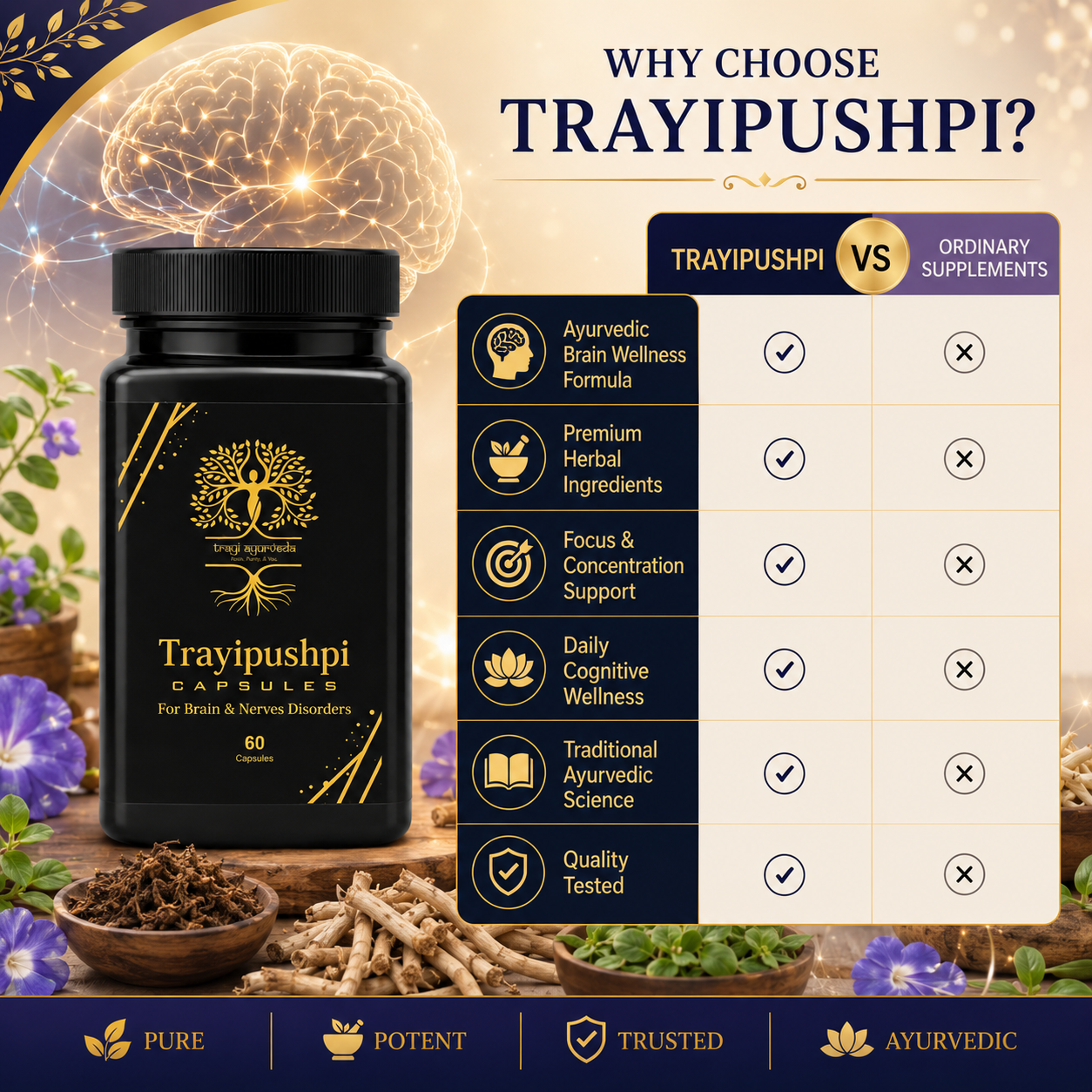 Trayi Ayurveda Trayipushpi Capsules – Premium Ayurvedic Formula for Brain & Nerves Disorders (60 Capsules) - Image 6