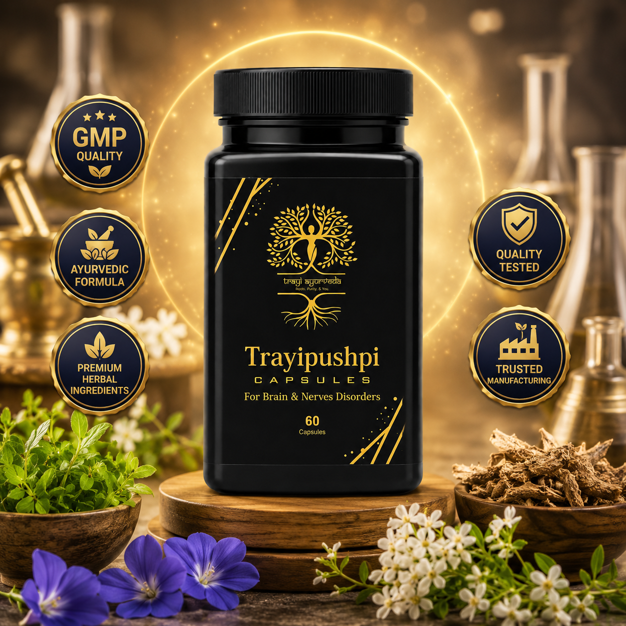 Trayi Ayurveda Trayipushpi Capsules – Premium Ayurvedic Formula for Brain & Nerves Disorders (60 Capsules) - Image 5